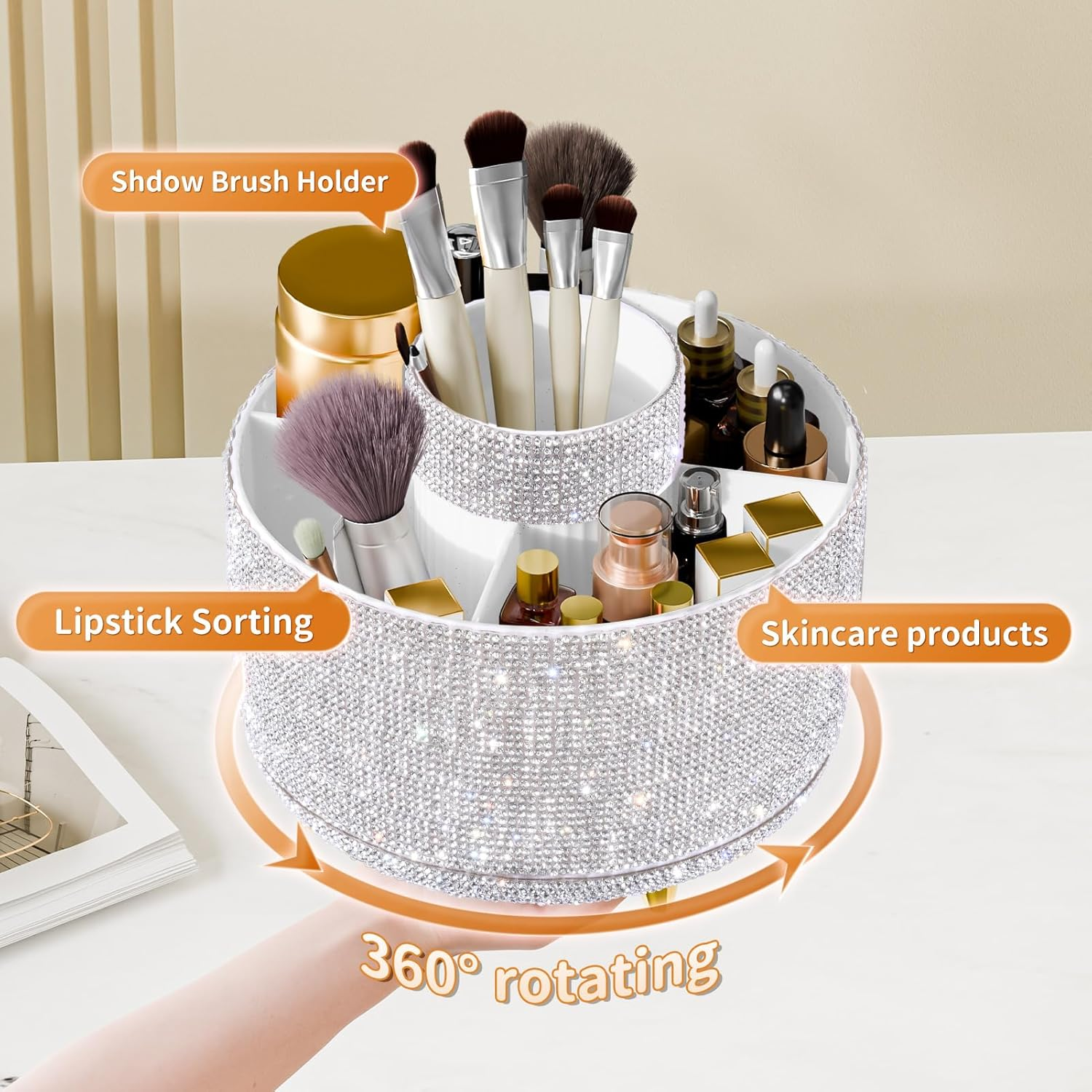 Fanado Bling Diamond Makeup Brush Holder, 360&deg; Rotating Makeup Organizer, 5 Slot Make up Brushes Cup for Countertop, Storage for Cosmetics Pen Eyeliner Skincare on the Vanity (Diamond White) - Diamond White Ab image number 7