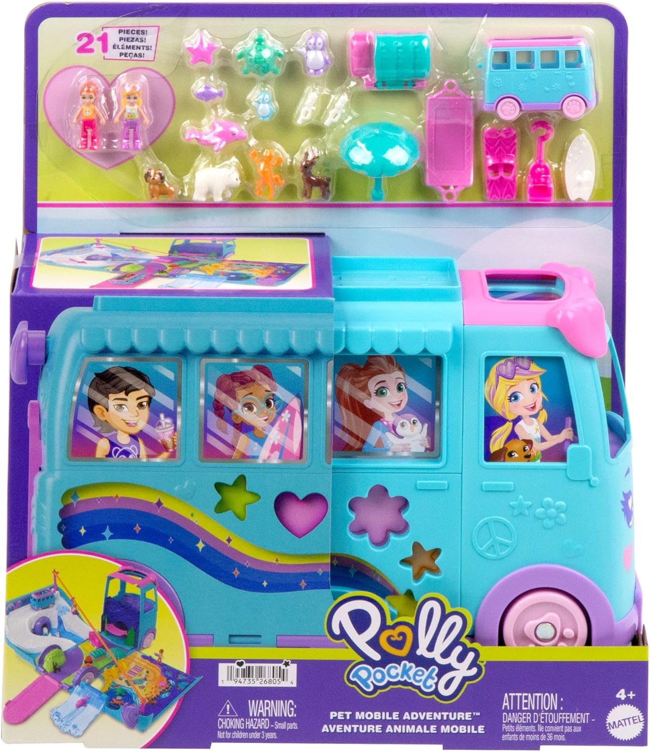 Polly Pocket Micro Dolls and Transforming Camper Van Vehicle, Accessories Include Pets and Toy Car, Pet Mobile Adventure Playset image number 6