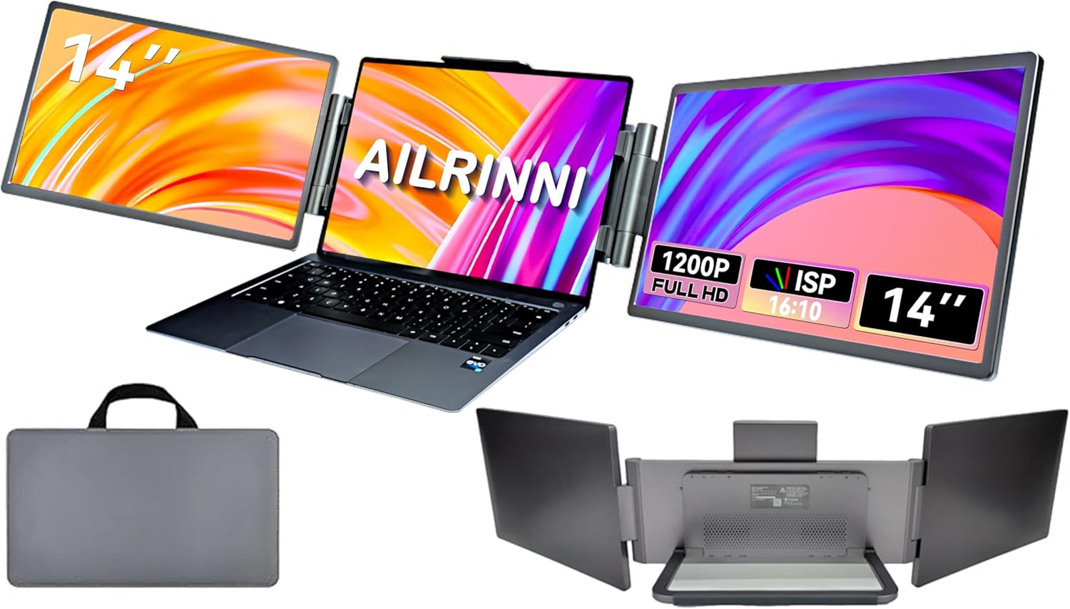 Dual Laptop Screen Extender, 14" 1200P Triple Portable Monitor for Laptops, Type-C/Hdmi/Usb-A Plug/Play Laptop Monitor Extender for 13&rdquo;-17&rdquo;, Compatible with Windows, Mac, Chrome image number 3