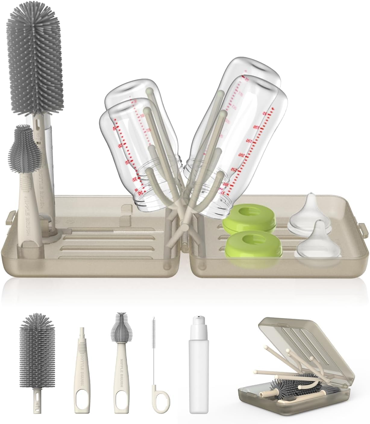 Travel Bottle Brush Set, Auto-Open Rack & Vertical Brushs Drying Slots, 3 Brushes, Foldable Drying Rack, Dispenser, Travel Baby Essentials for On-The-Go Parents, Coffee 1Set image number 6