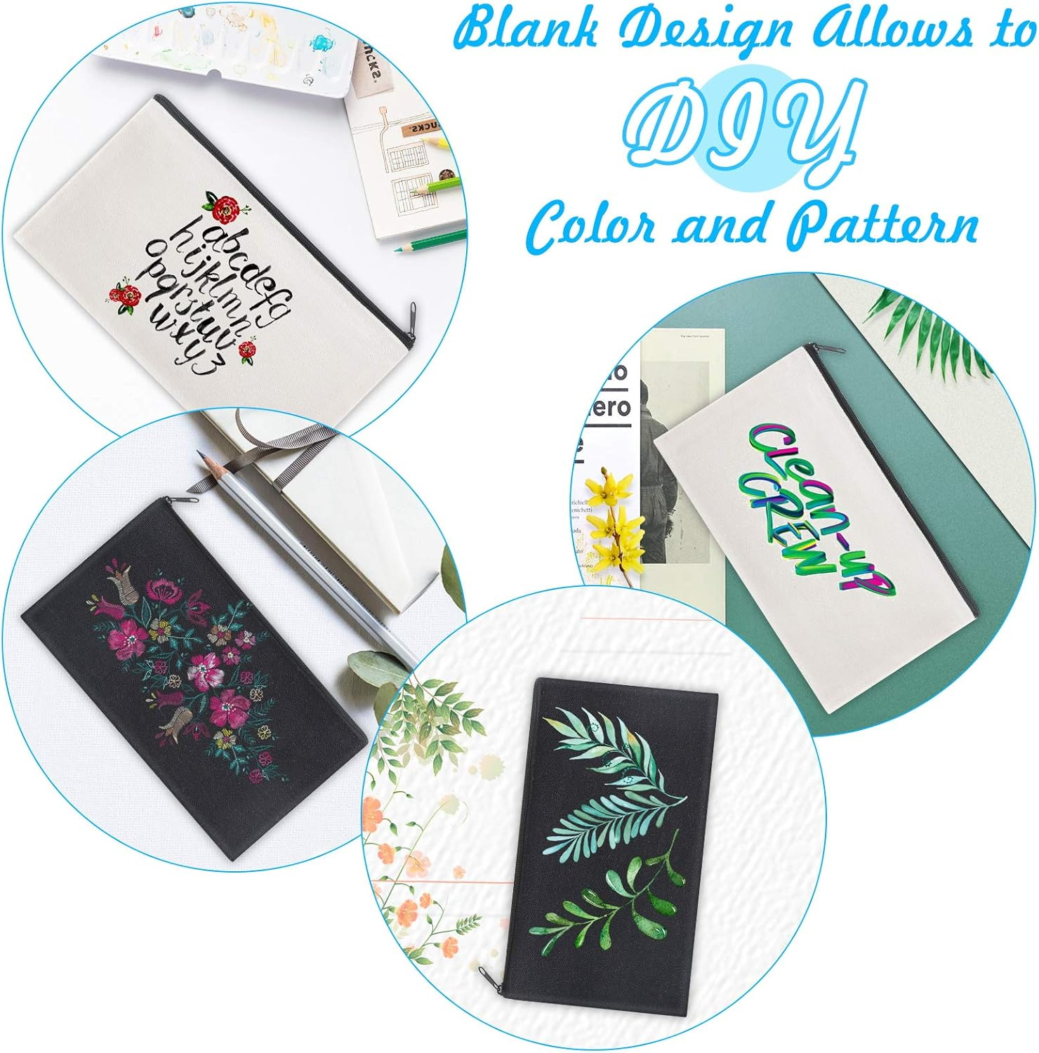 12 Pieces Black Cotton Canvas Makeup Bag, Multipurpose Cosmetic Bag with Zipper Travel Toiletry Pouch, Blank DIY Craft Bag Pencil Bag, White, M image number 2