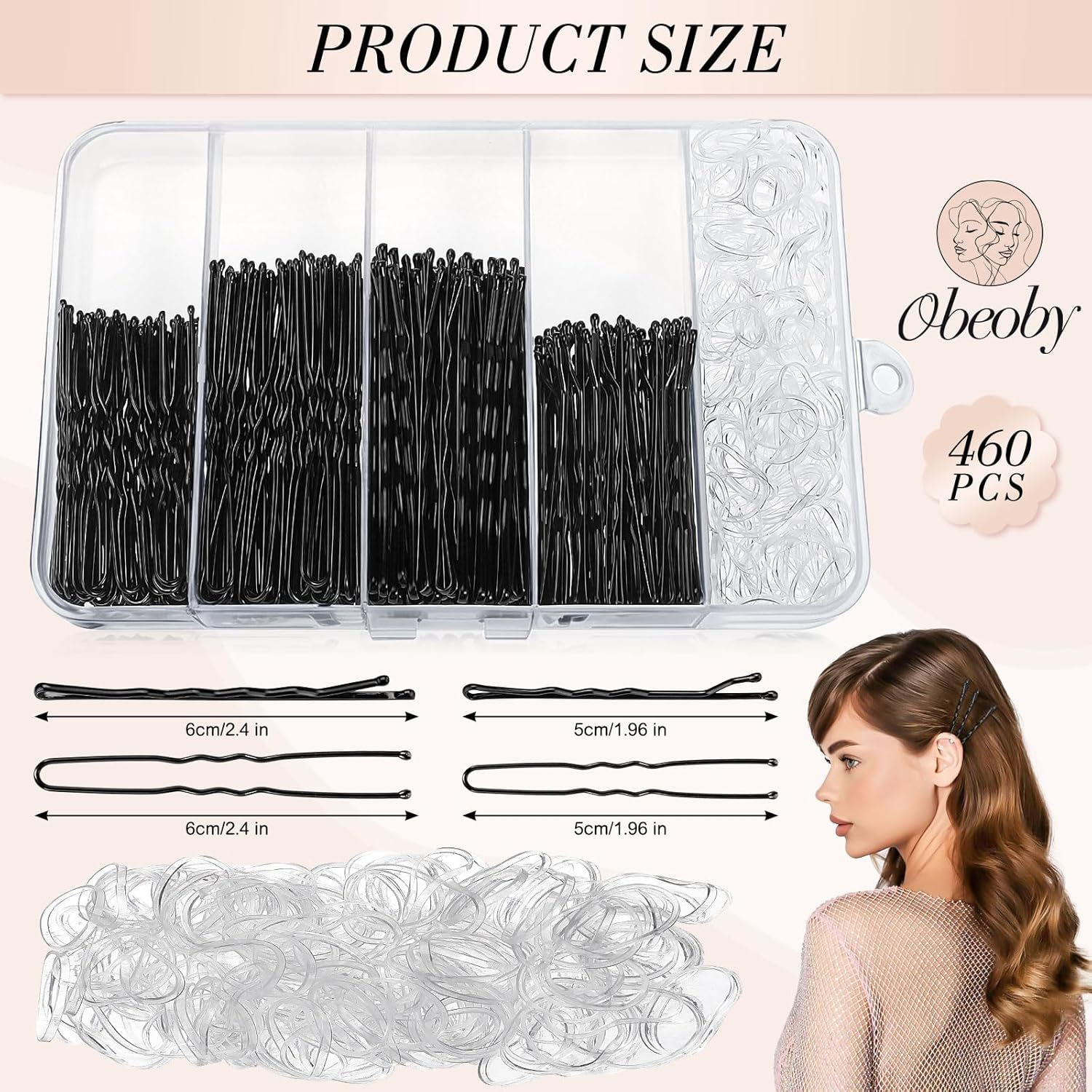 460 Piece Hair Pins and Hair Bobbles Set, 220 Bobby Pins - 2 Sizes and 240 Hair Bobbles with Storage Box for Women Girls Wedding Hairstyles (Black) image number 1