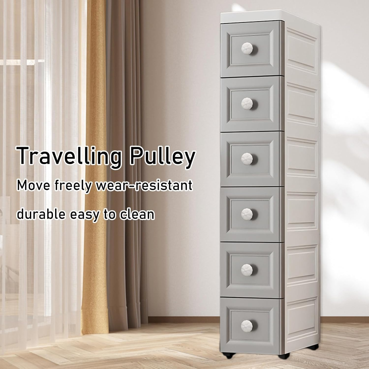 Uandhome 6 Tier Slim Narrow Bathroom Cabinet,Plastic Bathroom Storage Cabinet,Standing Storage Cabinet with Slide Out Drawers,Waterproof Storage Cabinet for Bathroom,Living Room,Kitchen (Grey)