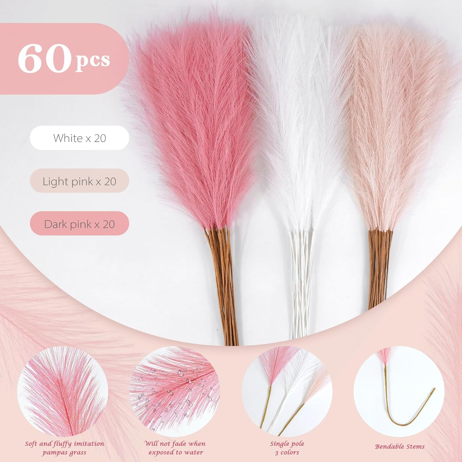 Lenamos 60Pcs Faux Pampas Grass Decor, 21.6"/55Cm Artificial Pompous Grass Floral Fake Pompas Grass Branches Vase Filler Flower Arrangement for Home Wedding Boho Decor (White & Blush & Pink) image number 6