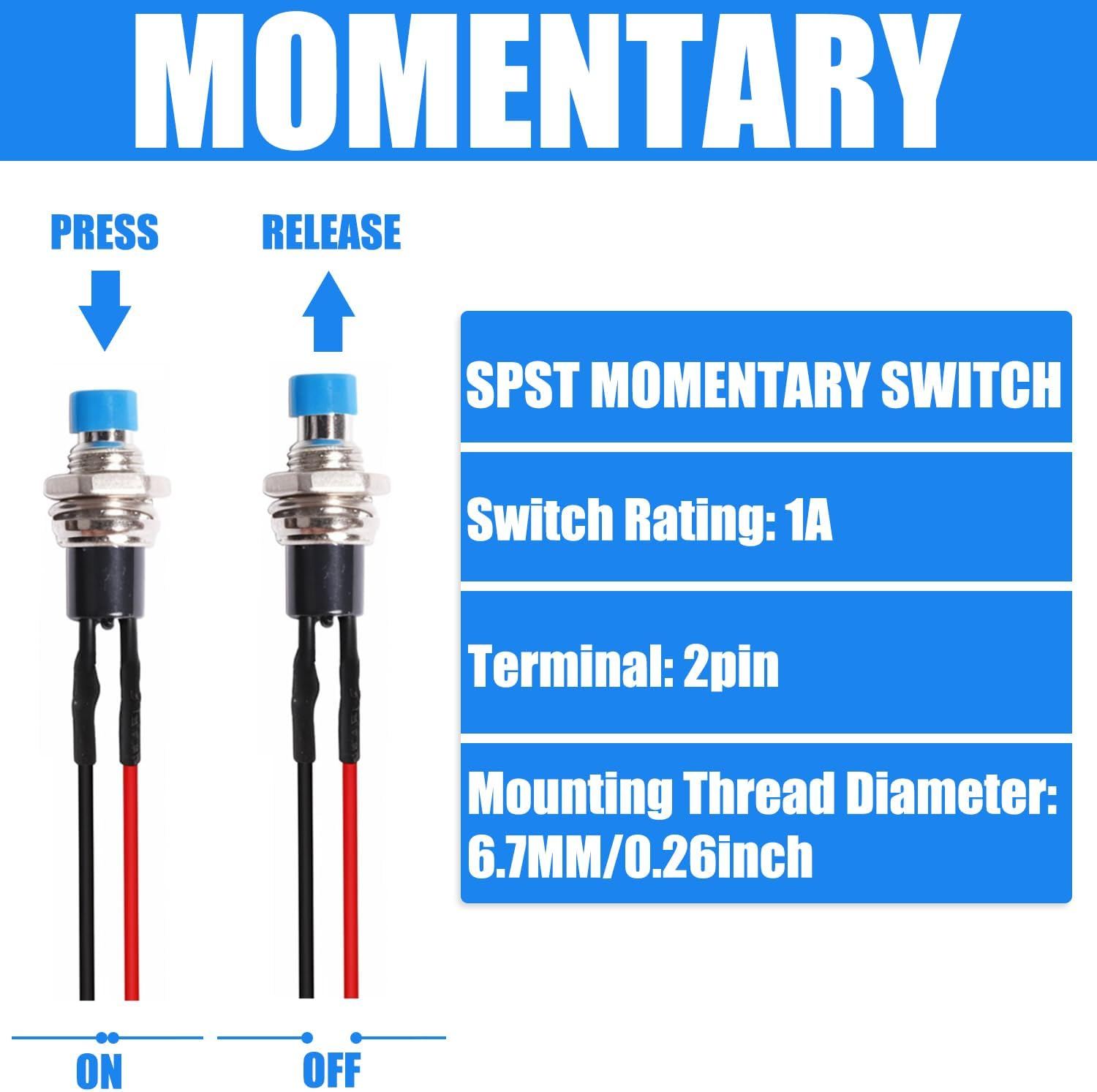 Aikoolwer Momentary Push Button Switch 7Mm 1A 48V Prewired Mini round Spst Normal Open Universal for Car Boat Model Railway Power image number 1