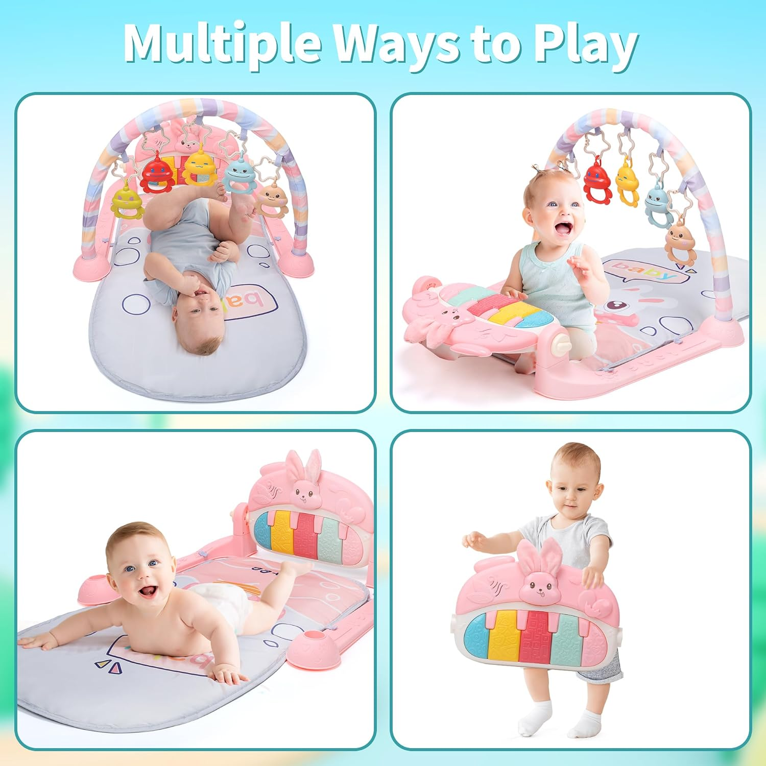 HOLYFUN Baby Play Mat Baby Gym, Play Piano Tummy Time Mat with Activity Gym, 5 Infant Learning Sensory Baby Toys, Perfect Musical Activity Center for Early Development & Entertainment, Pink image number 4