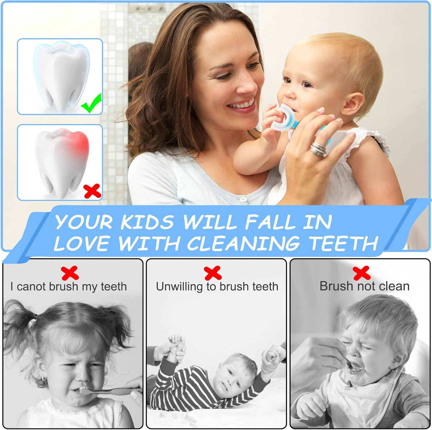 4 Pack U Shaped Toothbrush Kids, Soft Silicone Brush Head Whole Mouth with Handle 360 &deg; Oral Teeth Cleaning Design for Toddler Toothbrushes Age 2-6 image number 2