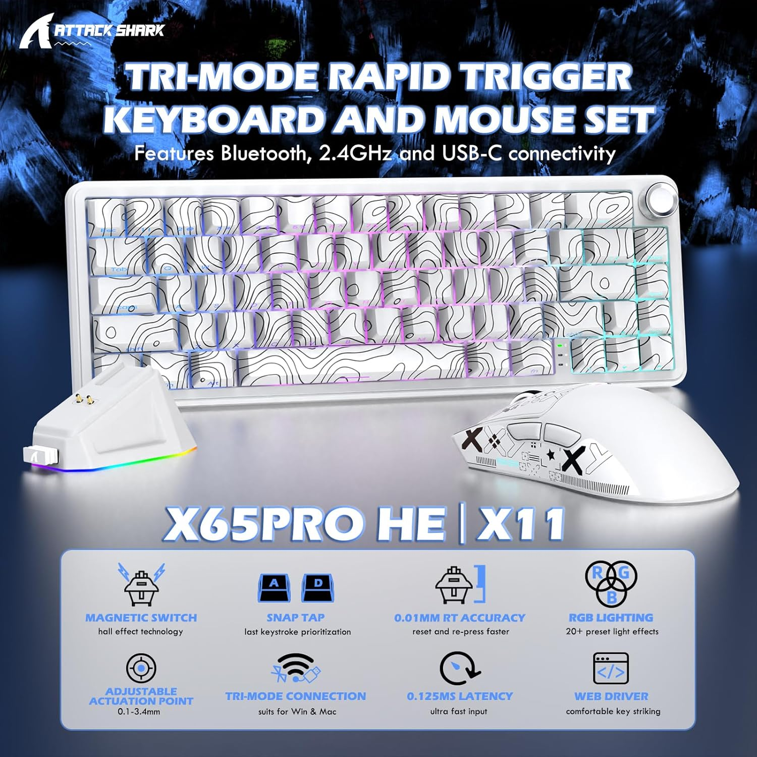 ATTACK SHARK Wireless Mechanical Gaming Keyboard & Mouse Combo, Magnetic Hall Keyboard,8Khz Polling,0.01Mm RT Precision,Adjustable Actuation,Wireless Gaming Mouse with Dock,Paw3311,22K DPI for Games