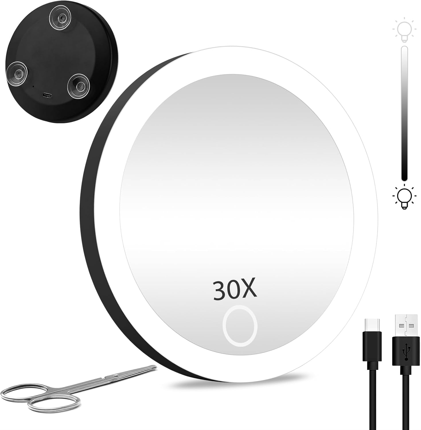 Jjhxr 30X Travel Magnifying Mirror with Lights, Rechargeable 30X Travel Magnified Mirror, 4Inch Pocket Makeup Magnification 3 Color Dimmable Light with Suction Cups and Scissors Set