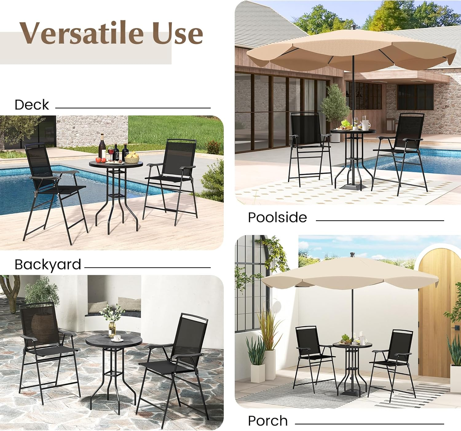 Costway 3 PCS Outdoor Bar Stool Set, Bistro Furniture with DPC Tabletop, Umbrella Hole & Footrest, Patio Bar Table with 2 Folding Counter Height Chair for Poolside Deck Porch, Black image number 6