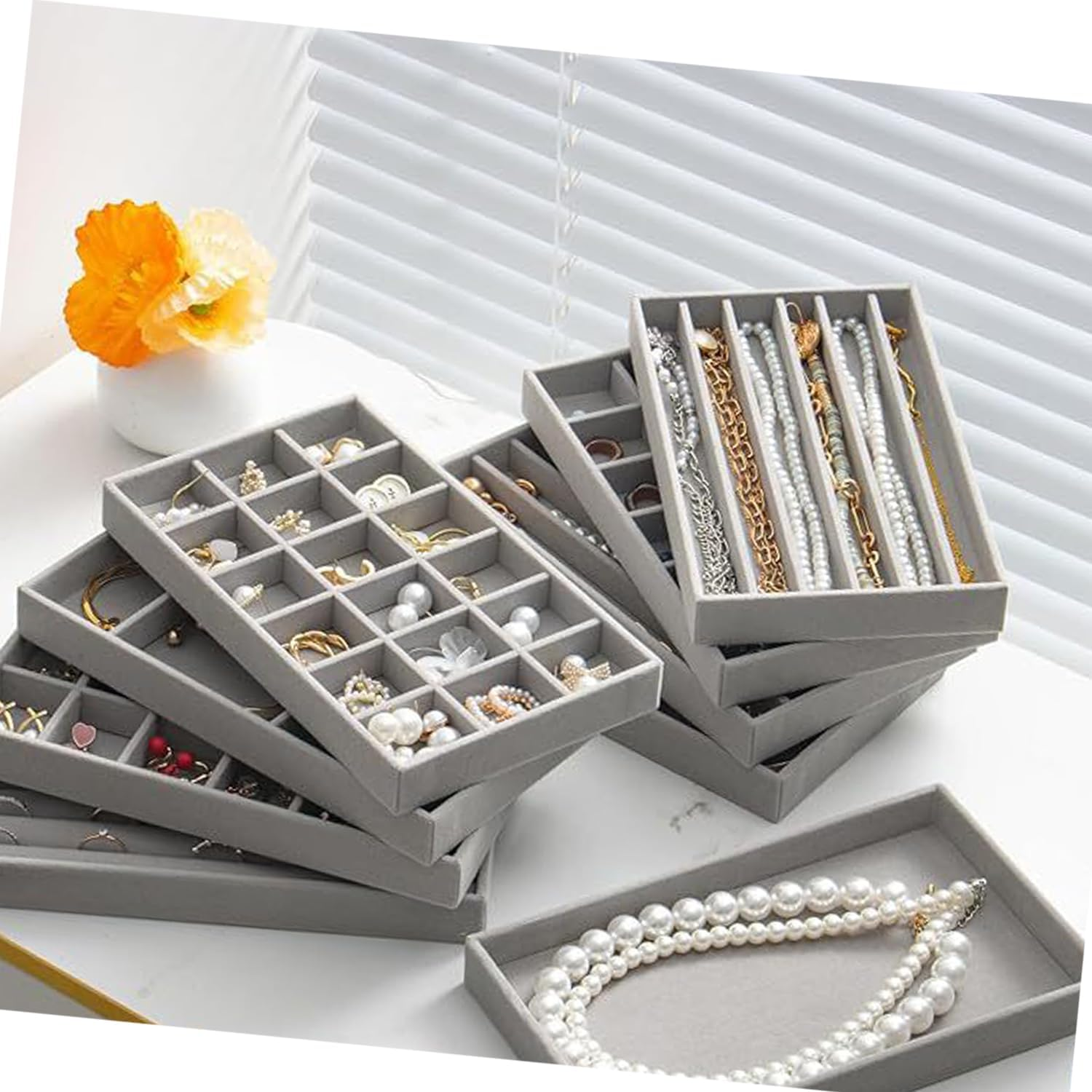 WEZCHUGHAOL Velvet Jewellery Storage Trays, Set of 6, Stackable Organiser for Drawers, Grey image number 3
