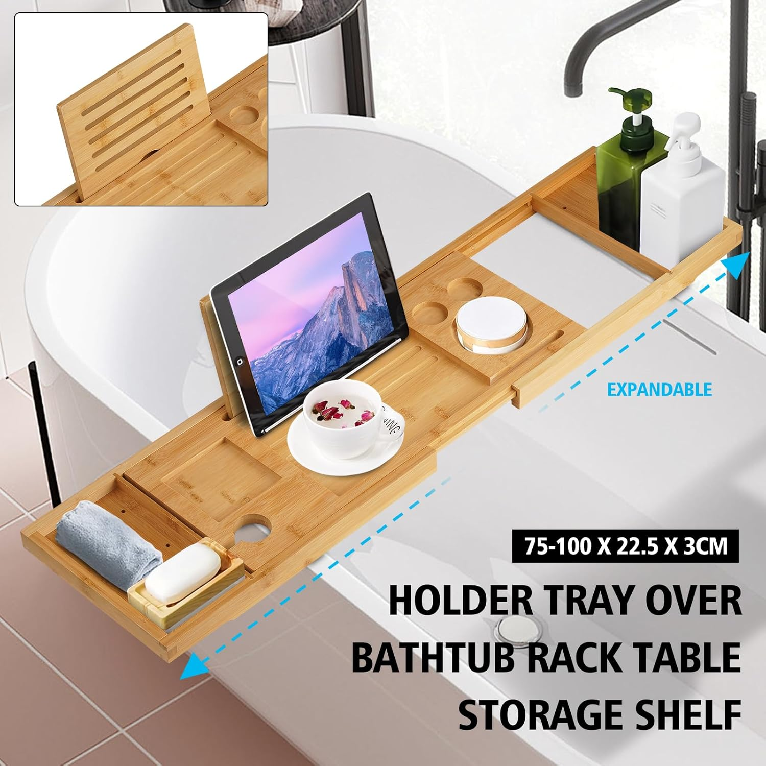Bath Caddy Tray for Bathtub, Bathroom Bathtub Tray with Table Holder - Birthday Gifts for Women, Warming Gifts, Adjustable Bath Tray Bamboo Bathroom Accessories (Natural) image number 1