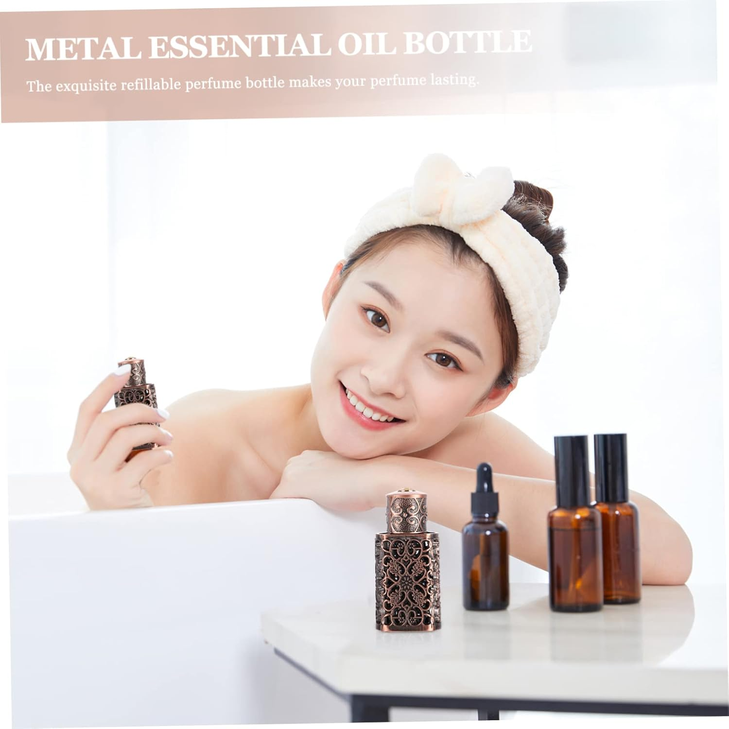 GARVALON Essential Oil Dispenser Hollow Engraved Metal Glass Travel Bottle for Perfume and Cosmetic Use image number 6