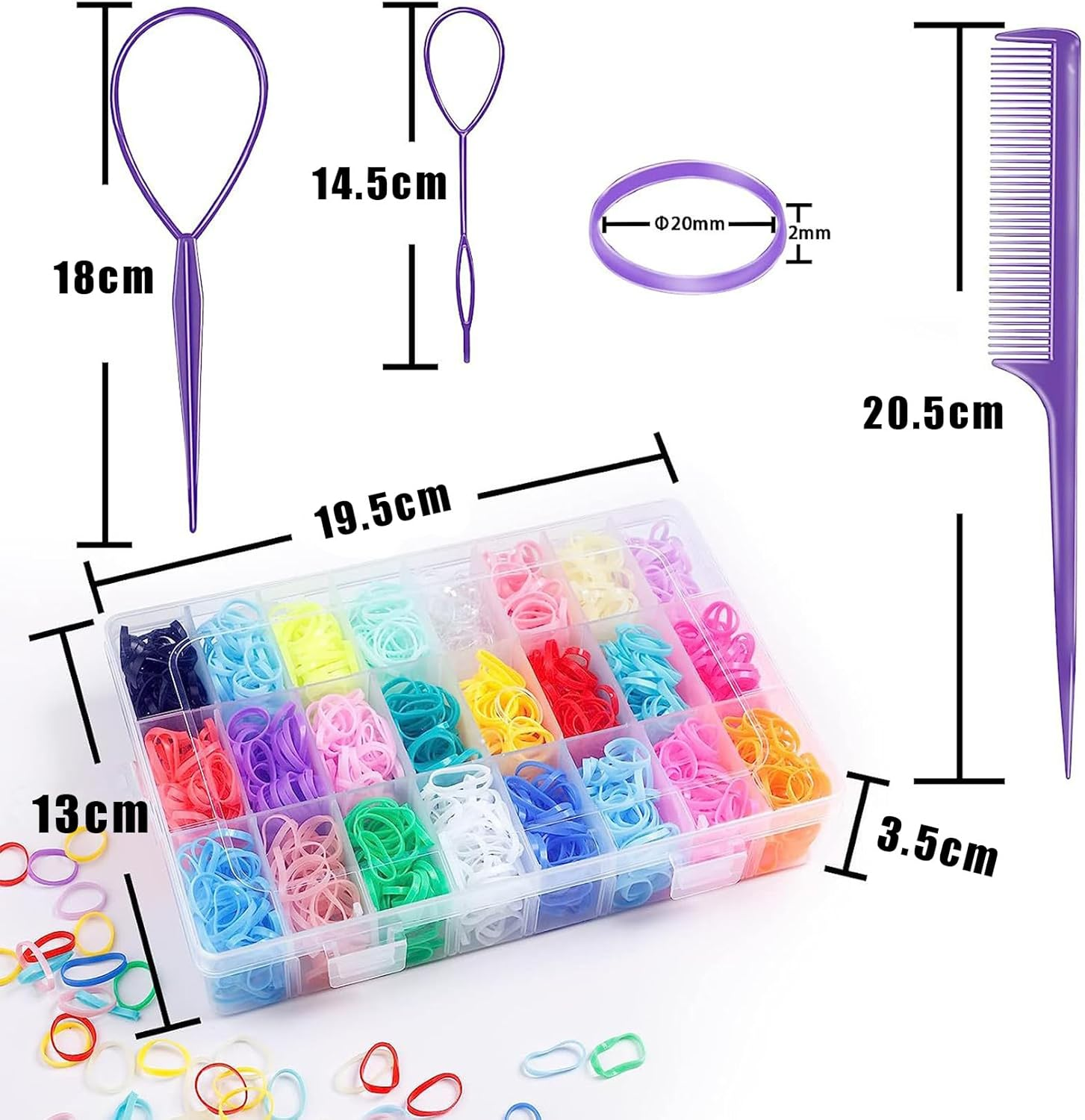 UKKQES Elastic Hair Bands 24 Colors, 2000 Pieces Mini Hair Elastic Bands with Storage Box, Soft Little Girls Hair Bands, Colorful Baby Elastic Band Set with Styling Tool, Rat Tail Comb for Kids image number 3