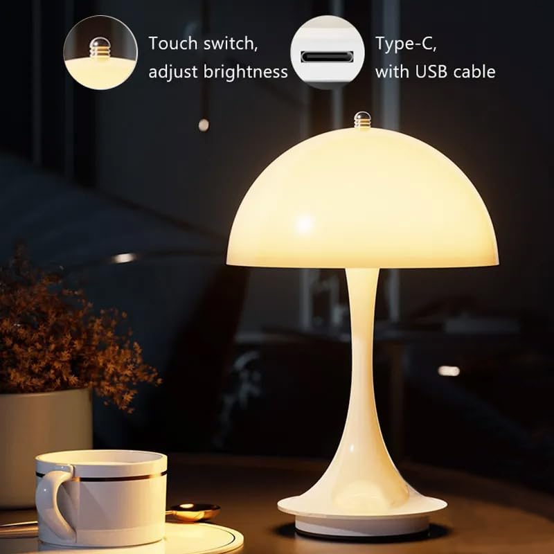 Cordless Mushroom Table Lamp with Touch Sensor, 3-Color Stepless Dimmable Battery Operated Portable Light for Bedroom Decor/Restaurant/Outside/Camping (White) image number 6