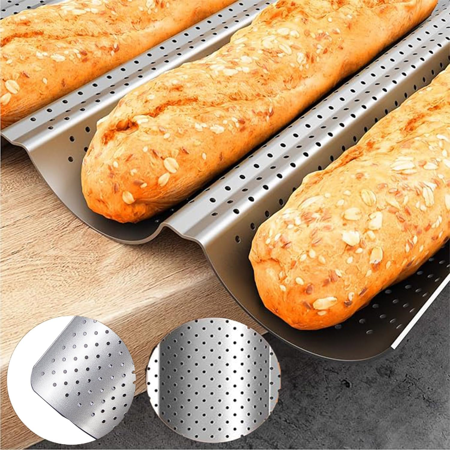 Roczential Baguette Bread Pan Premium Nonstick Perforated Baguette Pan for French Baking 4 Loaves Baguette Baking Tray Sourdough Italian Bread Perfect for Creating Crisp Golden-Brown Crust image number 6