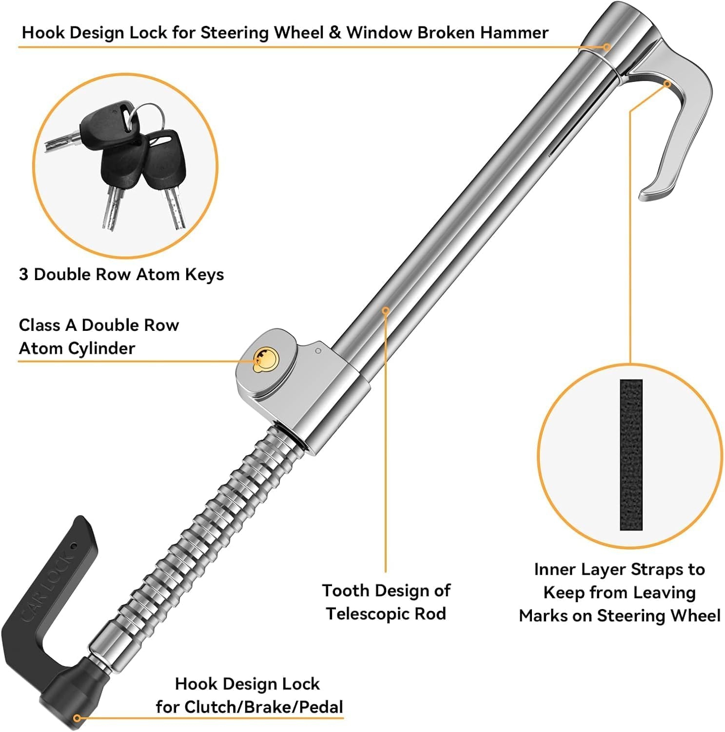 ASENDIWAY Universal Steering Wheel Brake Lock Anti-Theft Retractable Double Hook Car Clutch Pedal Lock for Car Truck SUV Van Security with 3 Keys