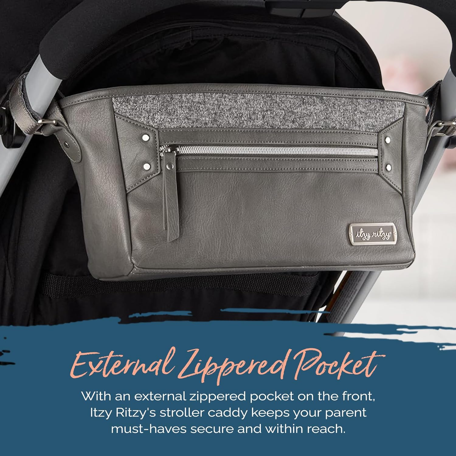 Itzy Ritzy Adjustable Stroller Caddy, Stroller Organizer Featuring Two Built-In Pockets, Front Zippered Pocket and Adjustable Straps to Fit Nearly Any Stroller, Grayson image number 1