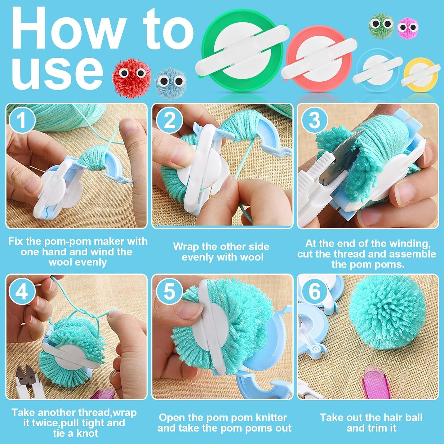DIY Pompom Maker Kit, 4 Different Sizes Weaver Needle Craft Knitting Wool Plastic Tool Kit with Sewing Scissors, 4 Pcs Pom Pom Makers for DIY Knitting Craft, Pom Pom Knitting image number 1