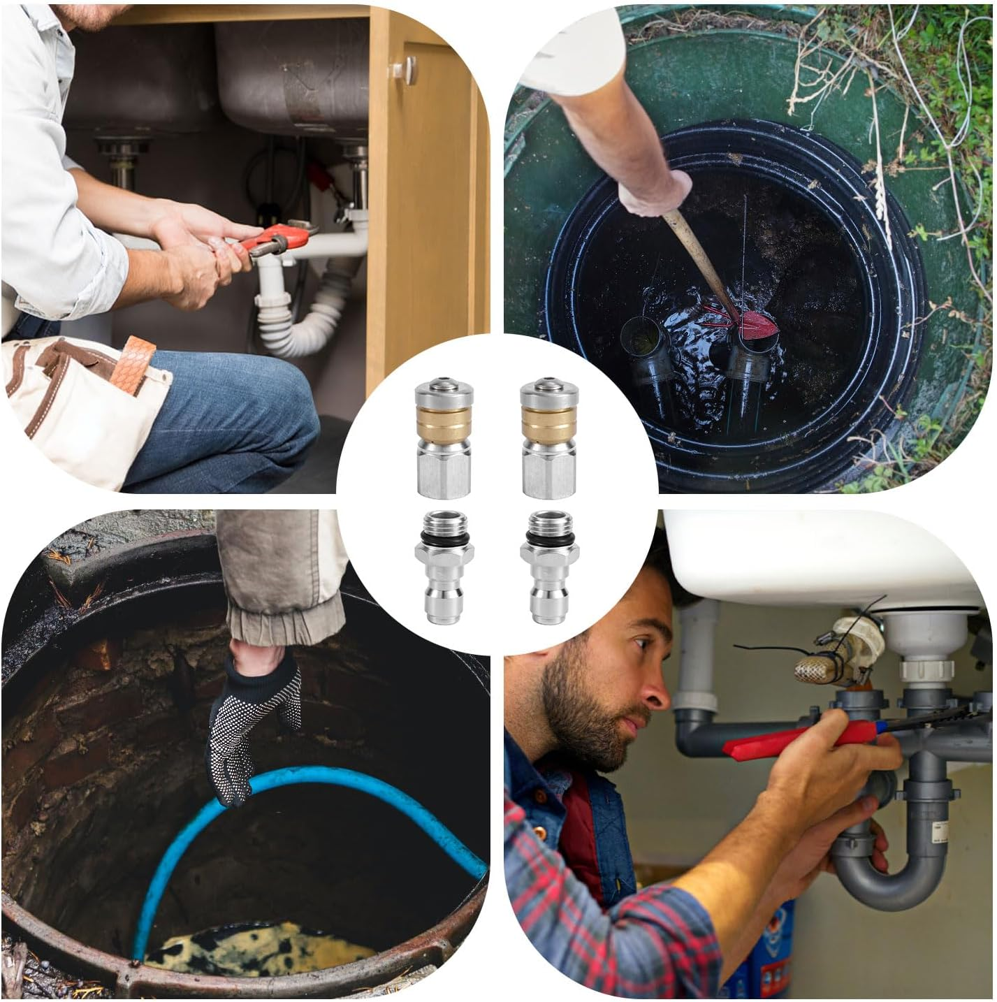 4Pcs Sewer Jetter Nozzle Set, Stainless Steel Jetter Nozzle for Pressure Washer Drain Jet Hose Tips with 1/4" NPT Quick Connector Rotating Button Nose Sewer Jet Nozzle Cleaning Tool 5000 PSI image number 2