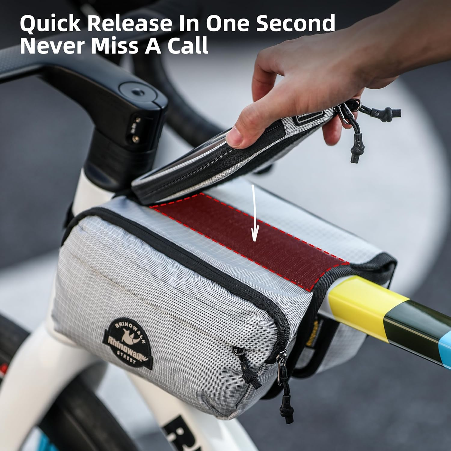 Rhinowalk Bike Front Frame Bag Bicycle Top Tube Frame Storage Waterproof Bicycle Handlebar Bag Fit Smartphone Professional Cycling Accessories-White - Black image number 4