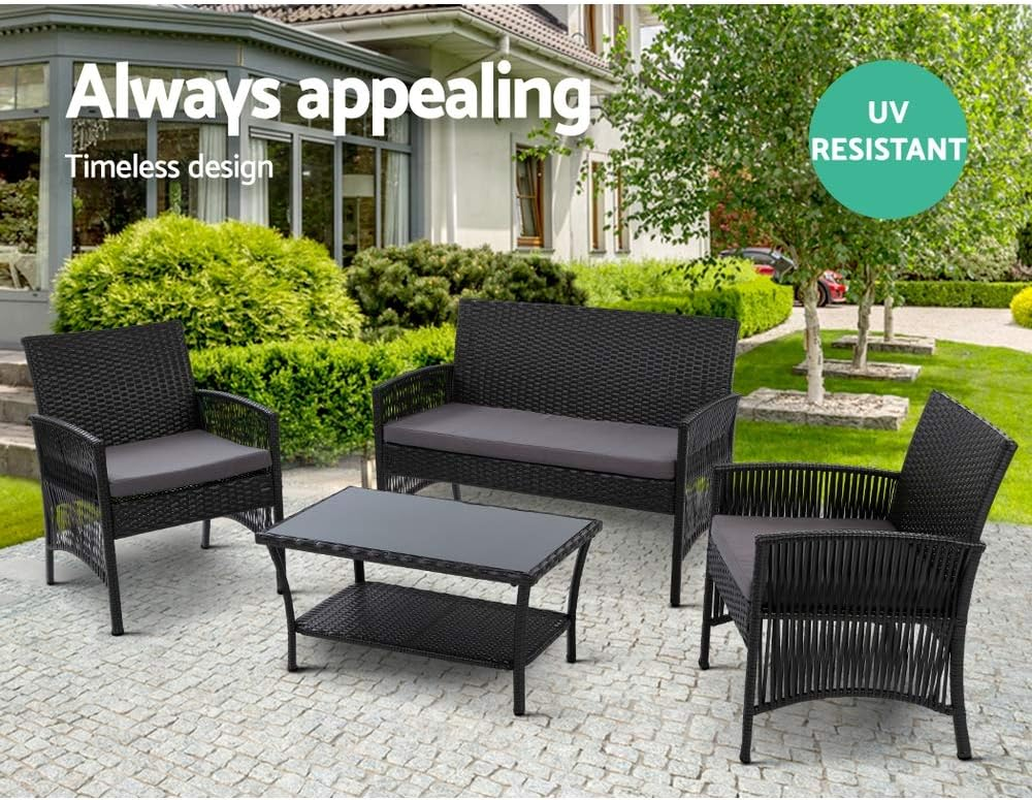 Gardeon 4PCS Outdoor Sofa Set Wicker Harp Chair Table Garden Furniture Black image number 3
