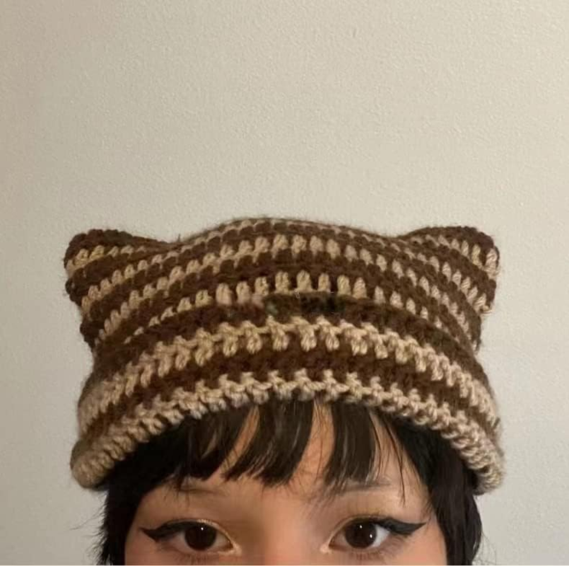 Women Girls Boys Teens Cute CAT Kitty Ears Hats, Winter Warm Knitted Stripe Grunge Accessories Slouchy Headgear - Black image number 7