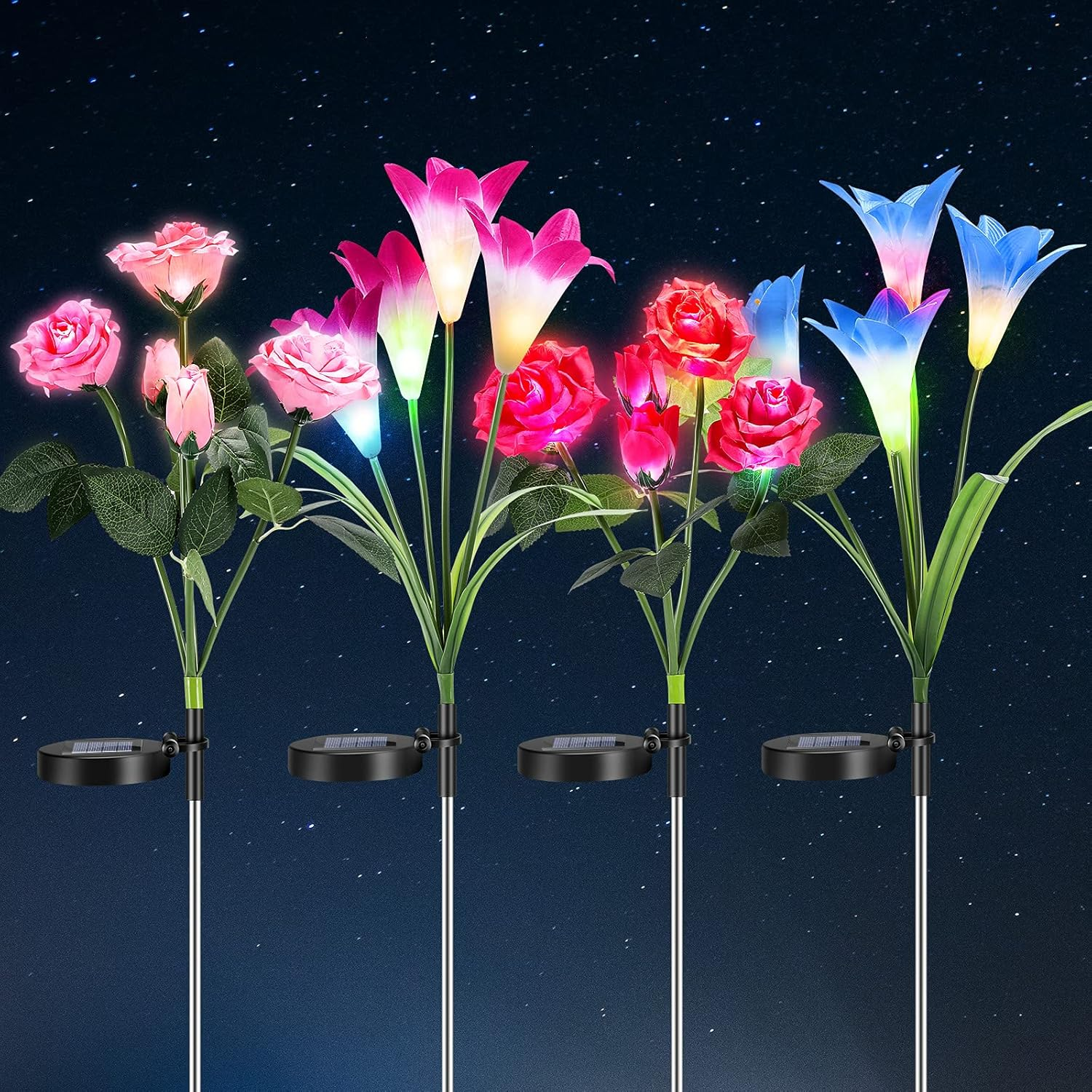 Outdoor Solar Garden Stake Lights, Solar Powered Light with 5 Rose and 4 Lily Flower, Solar Pathway Lights for Outdoor, Decorative, Party, Festival, Christmas, Patio Courtyard Lawn (4 Pack) image number 2
