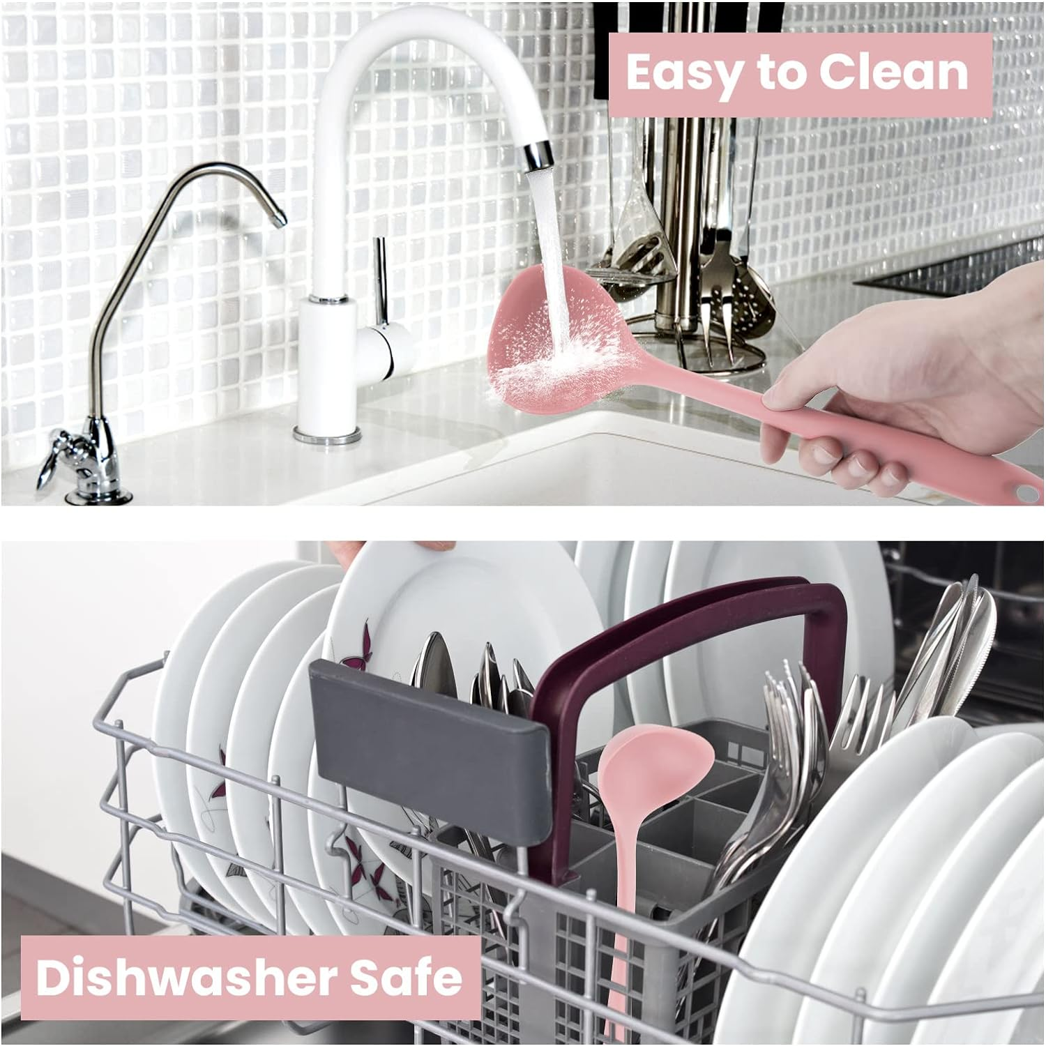 Silicone Ladle for Cooking - Comfortable Grip, Seamless Rubber, Non-Stick to Avoid Scratching - Pink image number 6