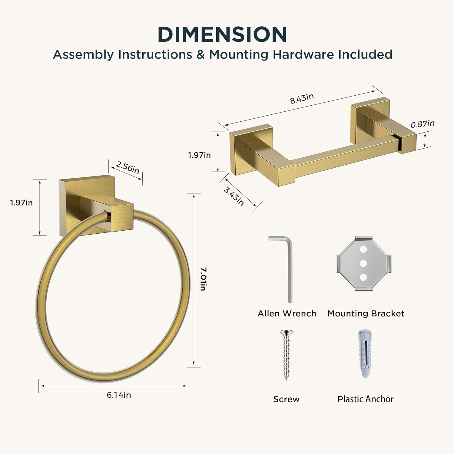 FORIOUS Toilet Roll Holder, Wall Mount Pivoting Towel Ring Set, SUS304 Stainless Steel Bathroom Tissue Holder, Modern Bathroom Hardware Set, Gold