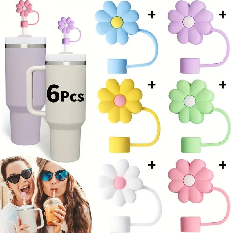 6Pcs Cute Flower Silicone Straw Toppers Accessories Compatible for Stanley Tumbler,Straw Cover Cap for Stanley Cup,Dust-Proof Reusable Straw Tips Lids for Home and Party Decor