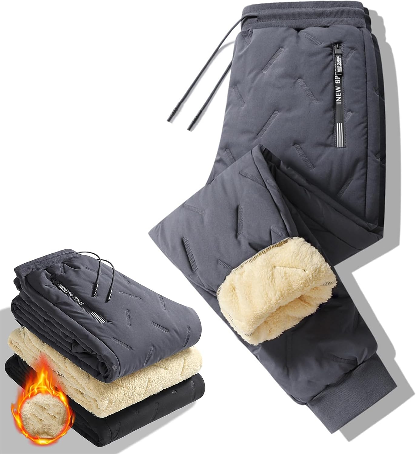 Thermal Pants Men Winter, Winter Warm Fuzzy Leggings, Winter Waterproof Thermal Pants Jogging Pants (L,Gray 1)