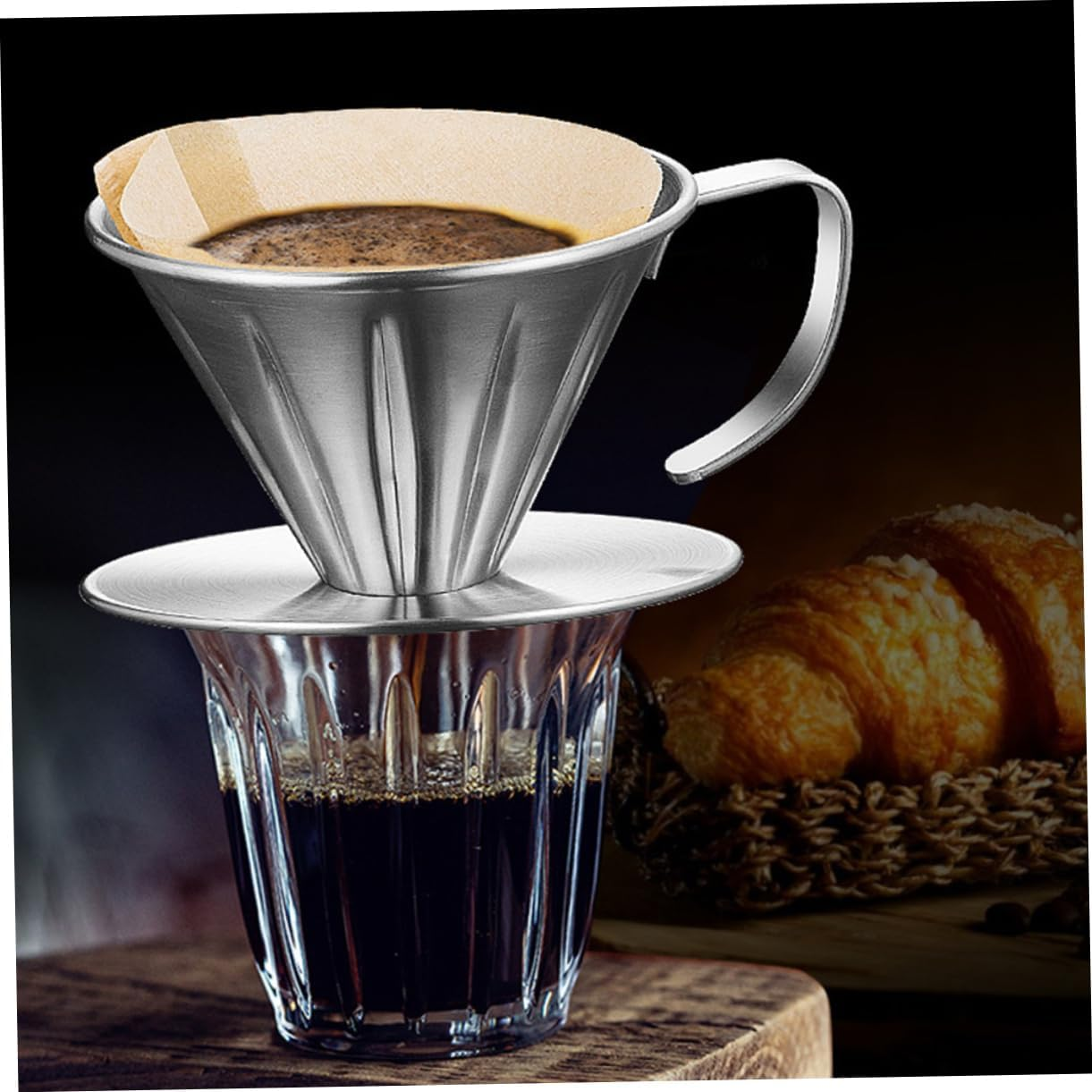 TOBBOMEY Stainless Steel Coffee Filter Coffee Strainer with Handle and Base Tea Making Tool Reusable Drip Filter for Brewing image number 1
