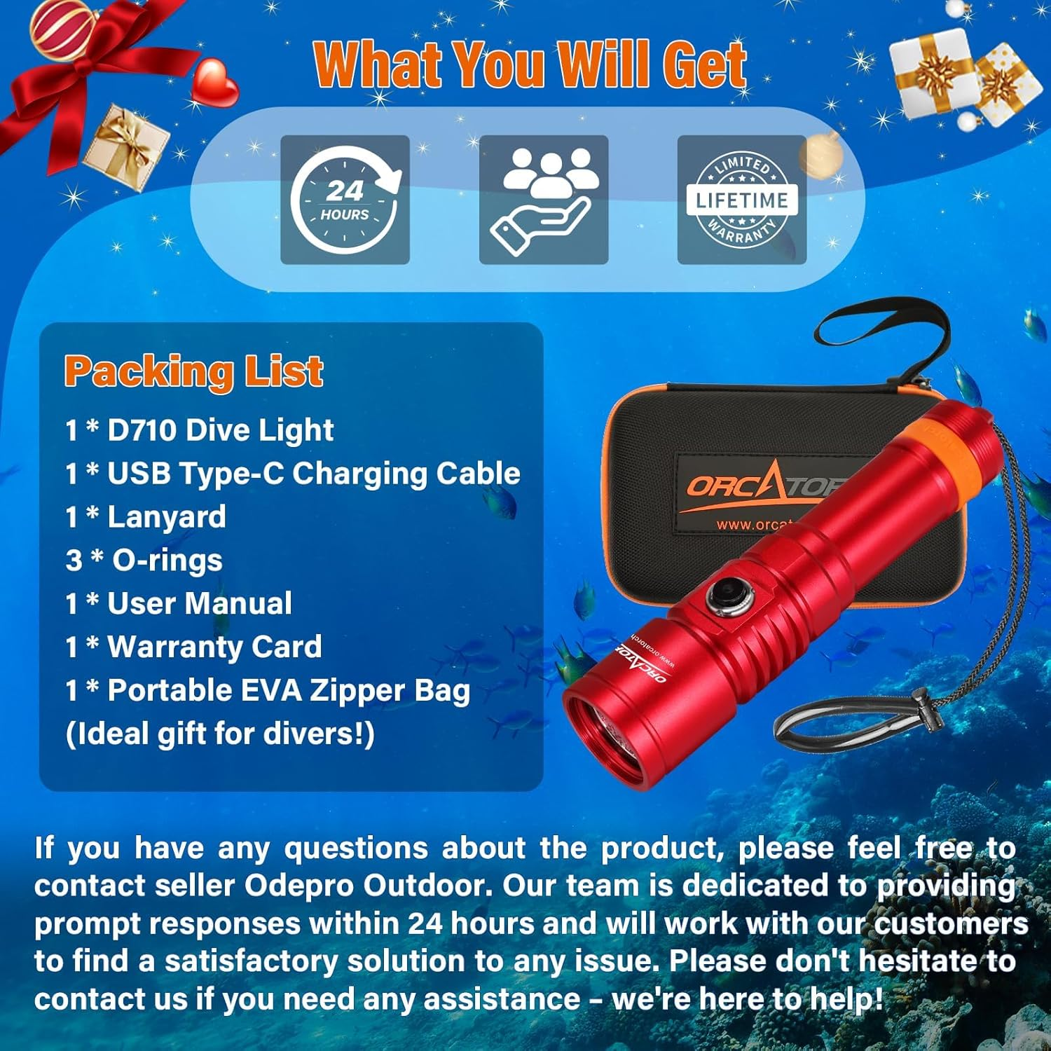 ORCATORCH D710 Scuba Diving Light, 3000 Lumens Super Bright Underwater Flashlight with 6 Degrees Narrow Beam, IP68 Waterproof Night Dive Torch 150 Meters Submersible Light (Red) image number 4