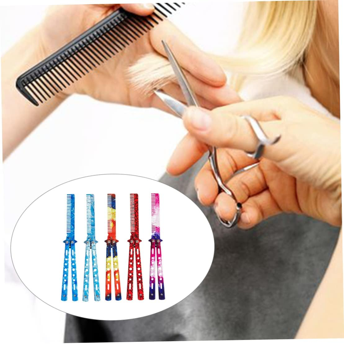 Comb Trainer Stainless Steel Unsharpened Slice Butterfly Training Comb for Beginner Aqua Blue Practice Comb Trainer Butterfly Training Comb Steel Folding Comb - Colorful image number 2