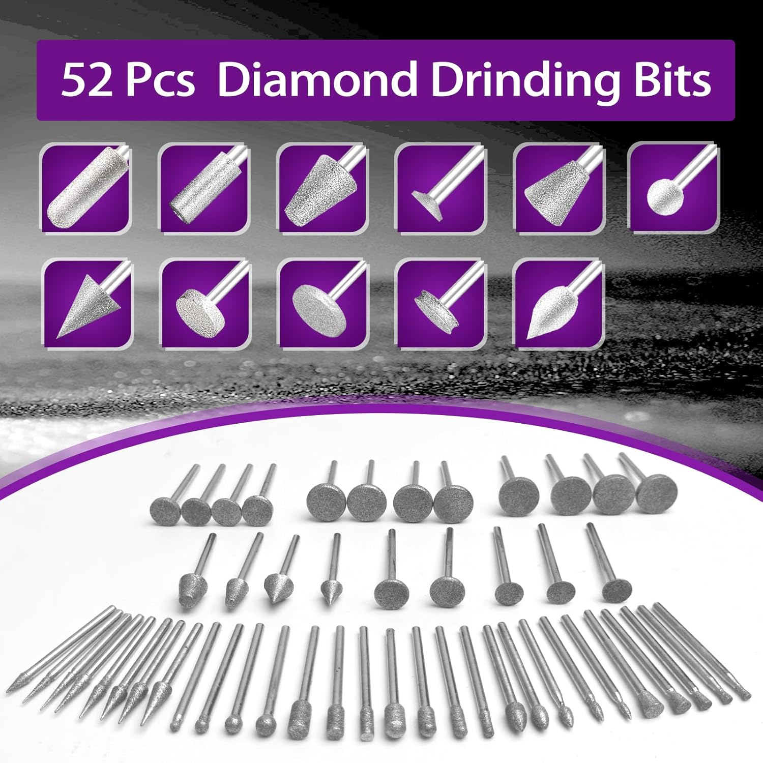 Diamond Grinding Bit Compatible with Dremel, 52Pcs Stone Carving Set Diamond Bits 1/8" (3Mm) Shank Polishing Kit for Stone Glass Ceramics Carving Polishing Grinding Etching image number 3