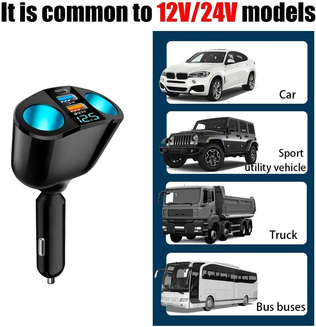120W Car Charger Cigarette Lighter Double Power Adapter Socket Splitter Dual USB a and Type C Plug Adapter Power Socket Adapter with Voltage LED Display image number 6