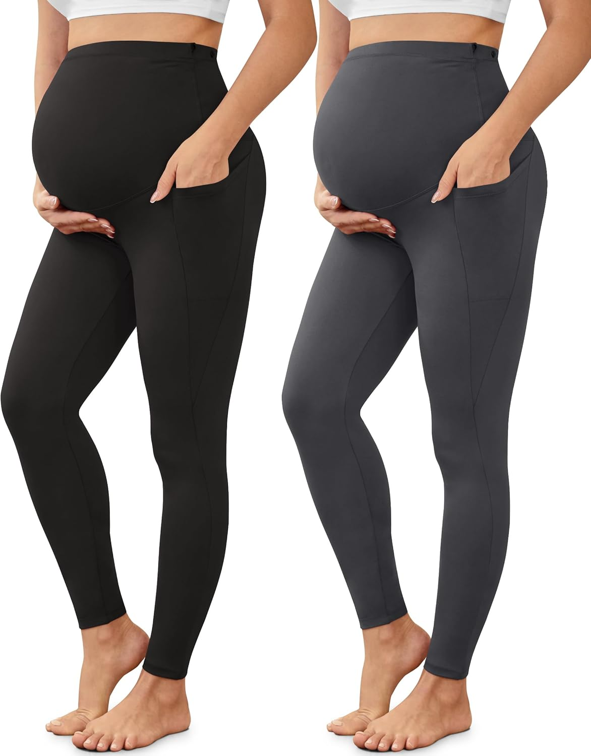 VALANDY Creamlush 2 Pack Women'S Maternity Leggings with Pockets over the Belly,Soft Comfy Active Yoga Lounge Pregnancy Pants
