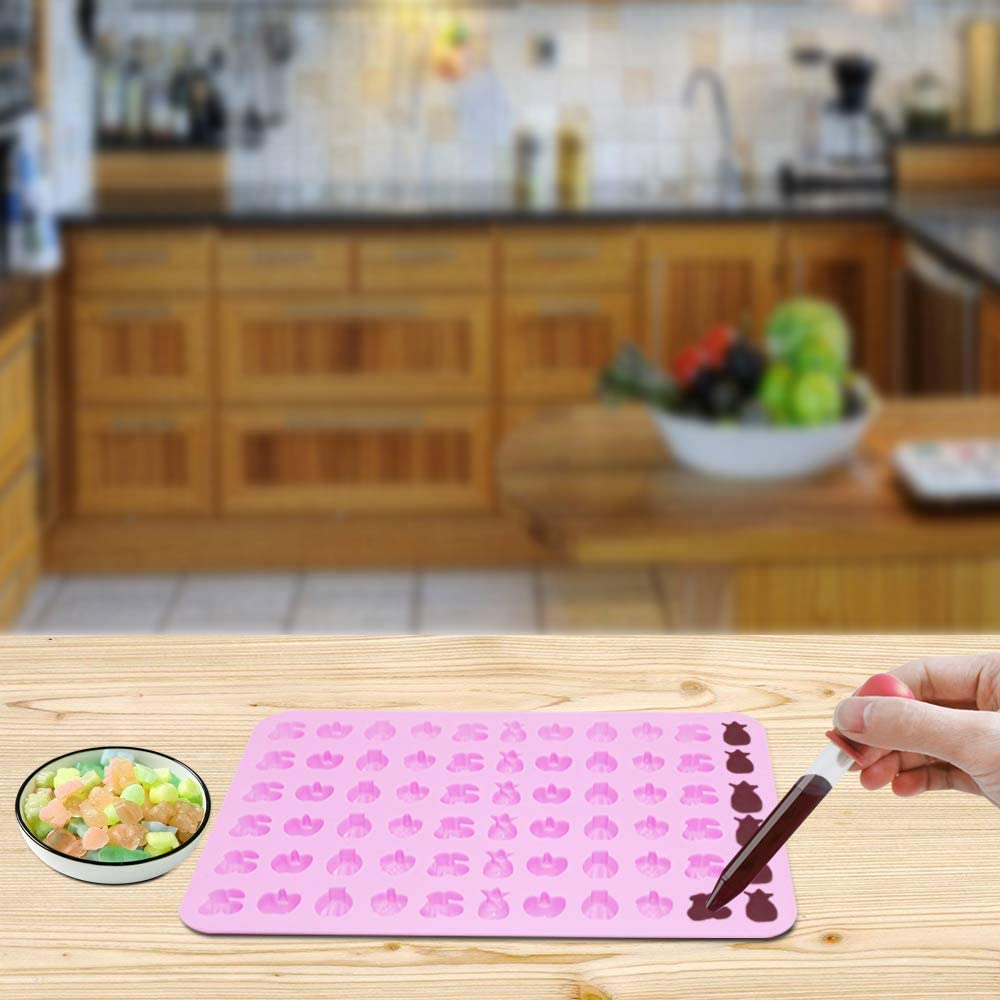 Silicone Candy Molds，Afunta 4 Pcs 66-Cavity Non-Stick Mini Fruit Silicone Gummy Mold with 4 Pcs Dropper for DIY Gummy, Ice, Jelly, Chocolate, Candy - Green,Blue,Pink,Purple image number 3