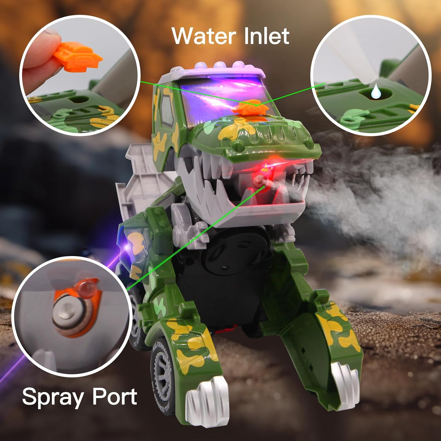 Automatic Mist Spray Dinosaur Car with Music and LED Light, Dino Cars, Deformed Dinosaur Car Toy for Kids 3-5 (Green) image number 5