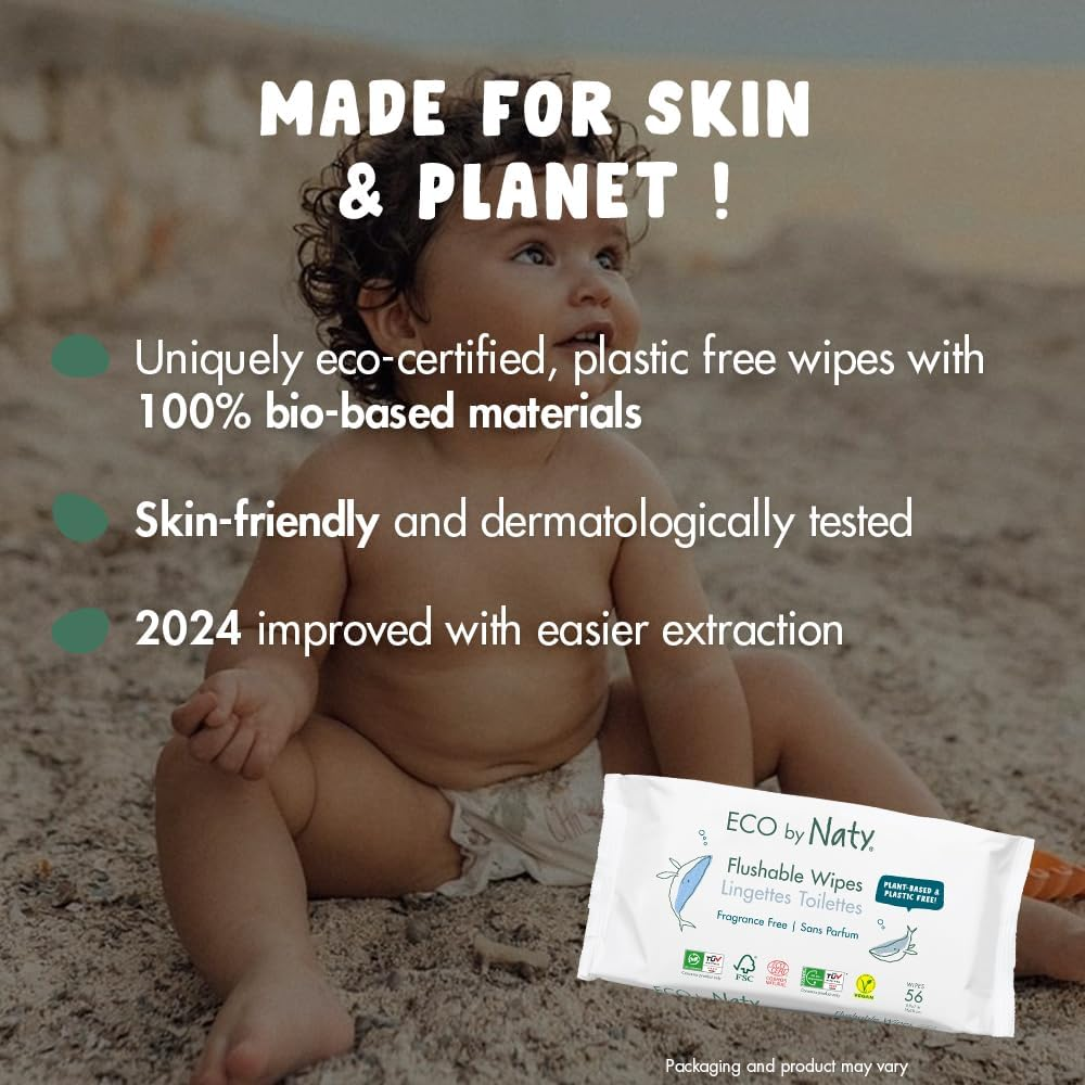 Eco by Naty Flushable Baby Wipes - Compostable and Plant-Based Wipes, Chemical-Free and Hypoallergenic Baby Wipes Safe for Baby Sensitive Skin, 56 Wipes per Pack (3 Pk) image number 4
