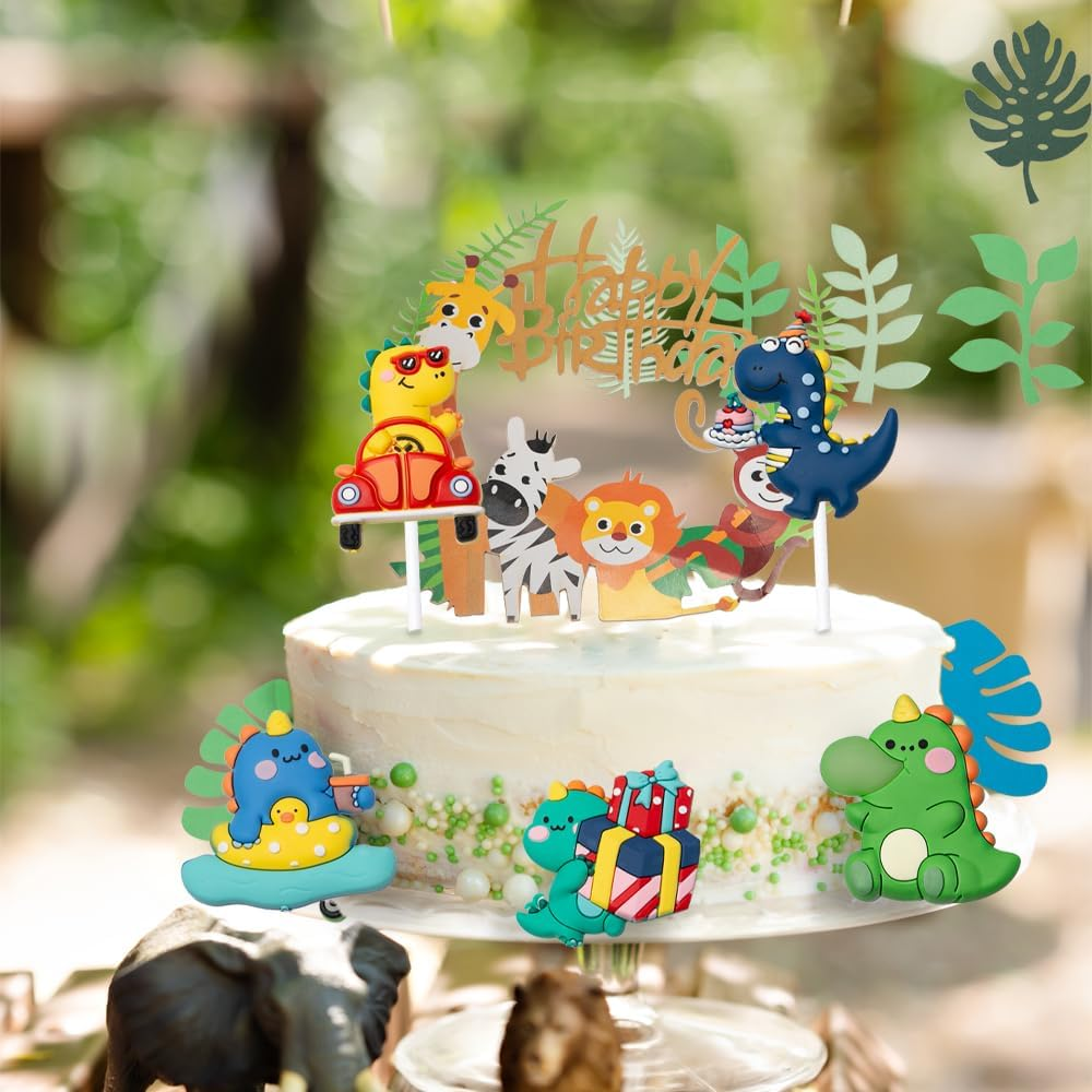 Sxutop 14 PCS Birthday Cake Cute Toppers Tropical Palm Leaves Cake Toppers Dinosaur Decoration with Gifts in Hand Cake Toppers Dinosaurier Theme Cake Supplies for Theme Birthday Baby Shower Party image number 3