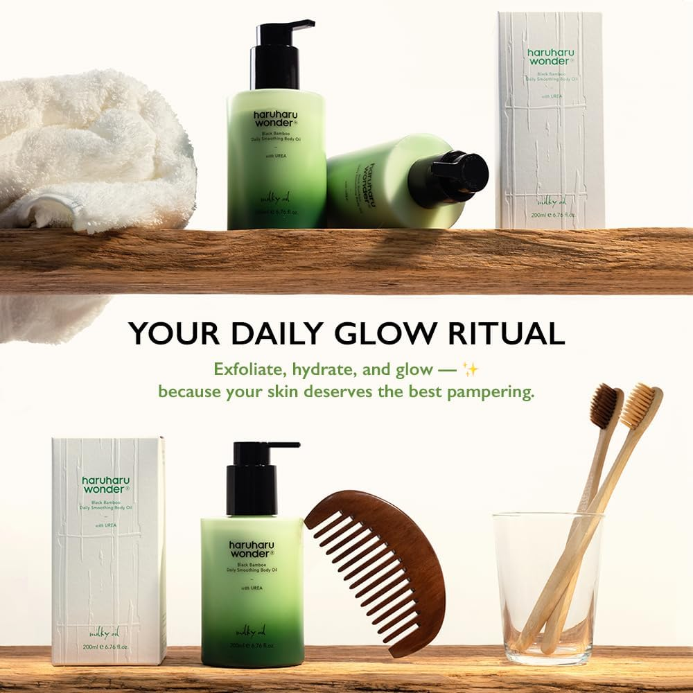 HARUHARU Wonder Black Bamboo Daily Smoothing Body Oil &ndash; Fast Absorption, Lightweight, Non-Greasy, Deeply Hydrating, Locks in Moisture, Softens & Nourishes Skin, with Almond & Argan Oil, 6.76 Fl Oz, 200Ml