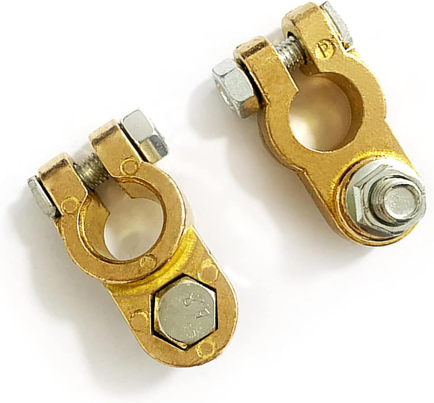 Qioon Brass Battery Terminal Connectors, Car Battery Top Post Clamp Set, P+ N- Pole Clamp for Marine, Boat, Truck, RV, Vehicle (1 Pair)