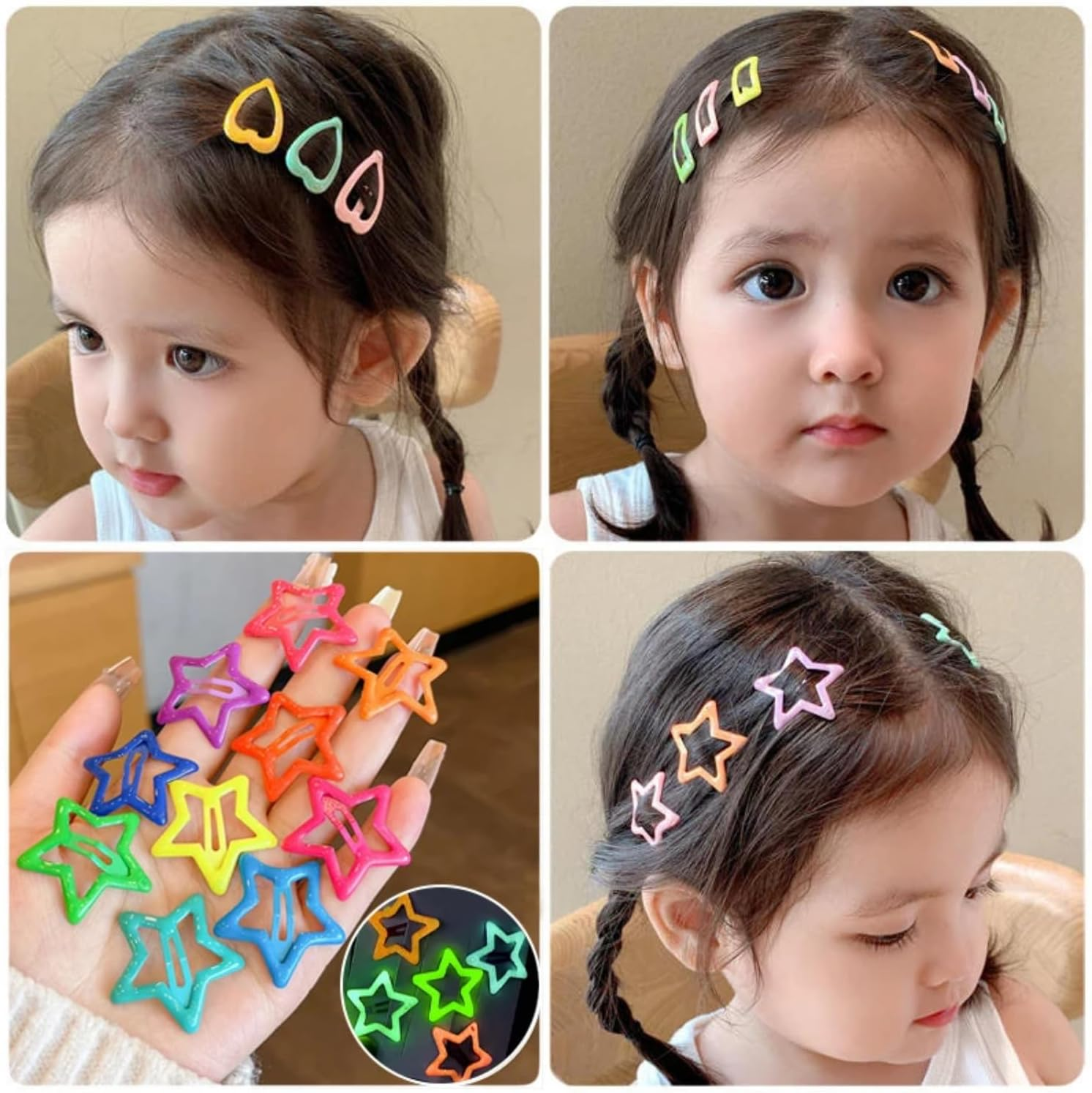 Colourful Luminous Hair Clips for Girls - 10 Pieces Hair Clips Set in Star, Rectangle and Heart Shapes, Glow in the Dark, Pentagram Design, Hair Clips and Hair Accessories (Water Drops) image number 4