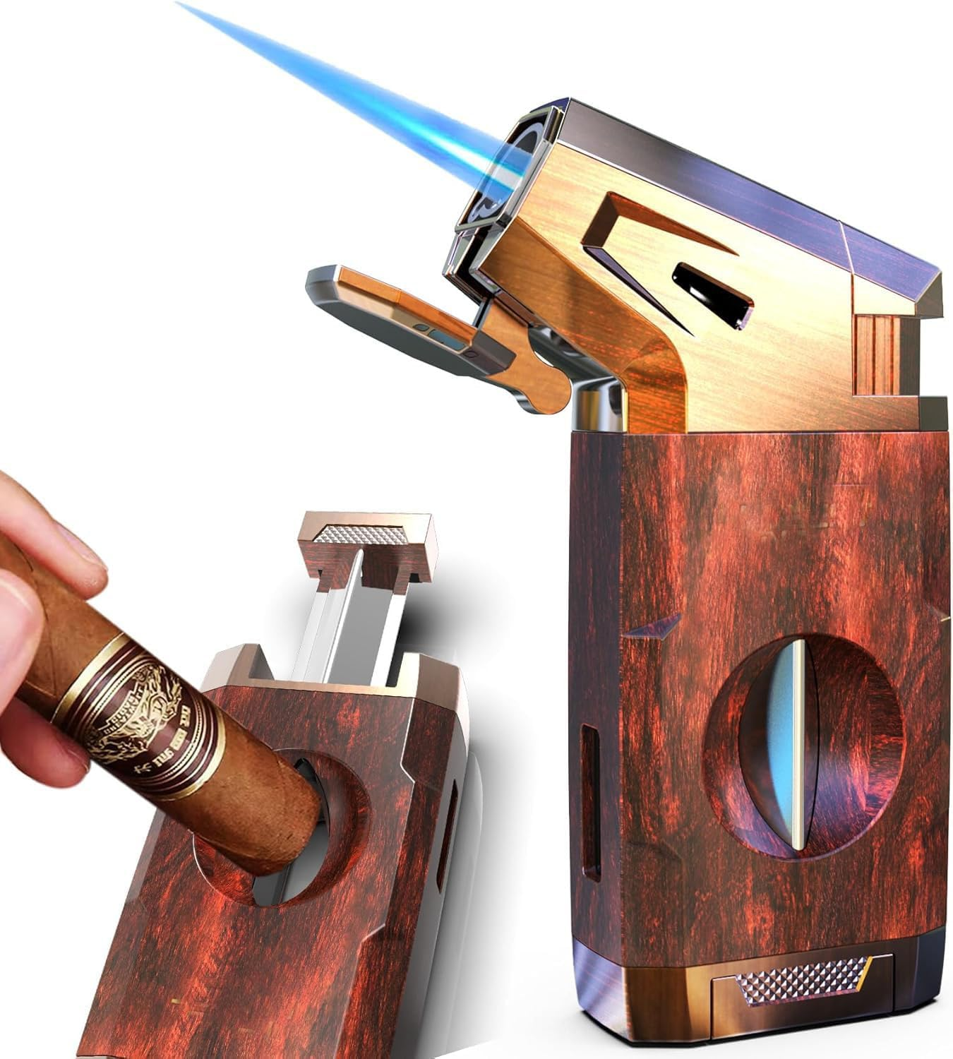 Butane Torch Lighter with V Cutter,Adjustable Cigar Torch Refillable Lighter Butane Double Jet Flame,Windproof Lighter,Adjustable Refillable Butane Lighter Gifts for Men(No Gas) (Brown) image number 3