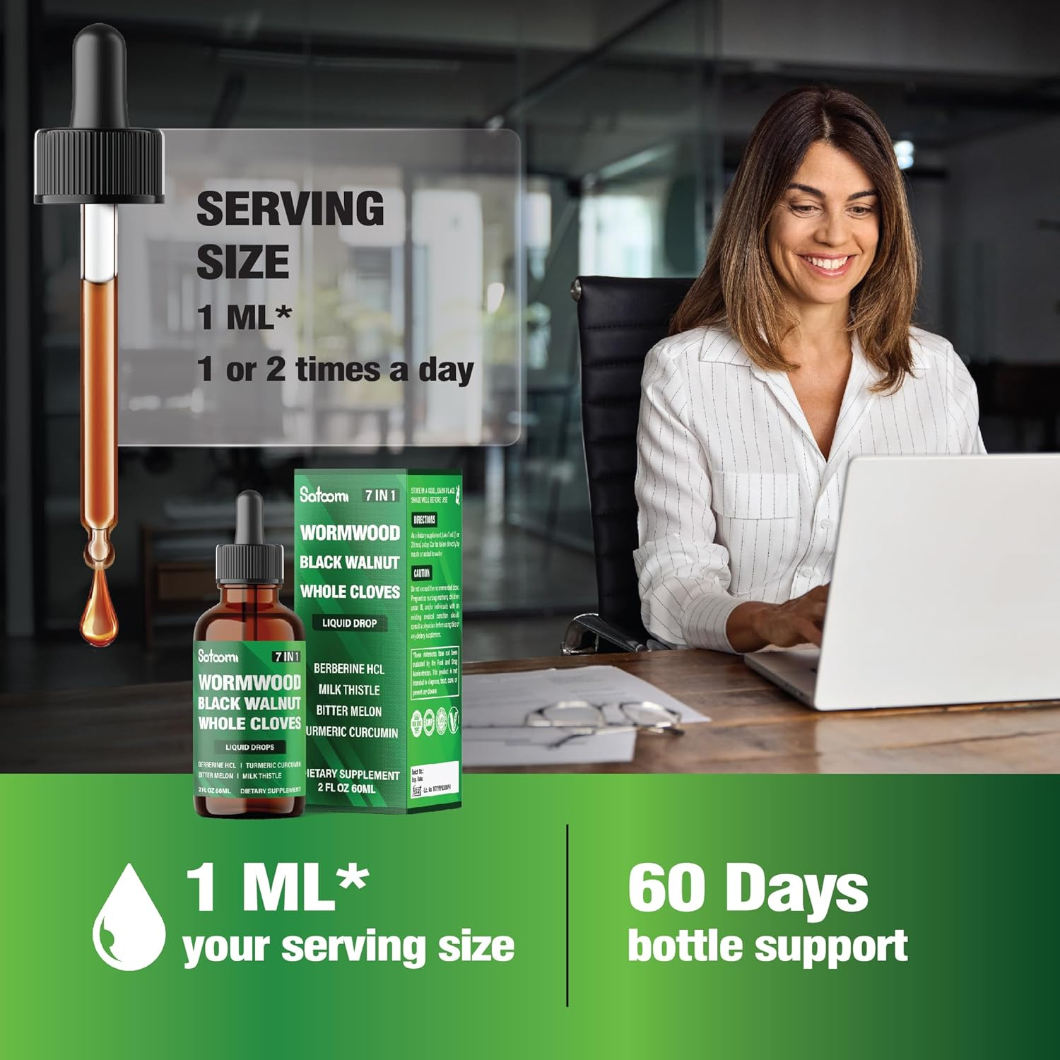 SATOOMI 7In1 Wormwood Liquid Drops with Black Walnut, Whole Cloves, Berberine, Milk Thistle, Bitter Melon and Turmeric - 60Ml for 60 Days image number 6