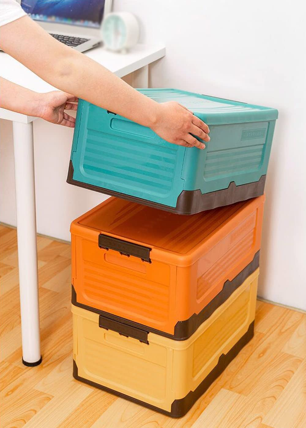 Large Size Plastic Foldable Storage Cubes Bin Box Containers with Lid and Handles for Home, Office, Nursery, Closet, Bedroom, Car Box, Picnic, Storage Box S30 (Yellow, 40*28*23CM (15.7X11X9 Inches)) - Yellow image number 3