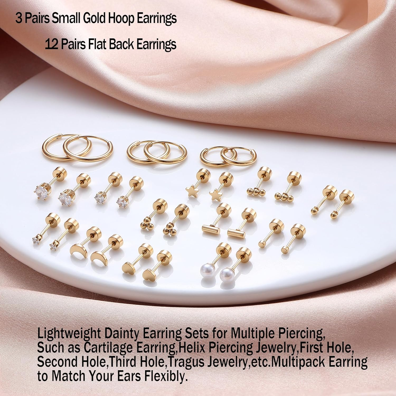 Kakonia Small Hypoallergenic Flat Back Stud Earrings for Women Men 14K Gold Plated Surgical Stainless Steel Earring Sets Tiny Screw Back Cartilage Earring image number 2