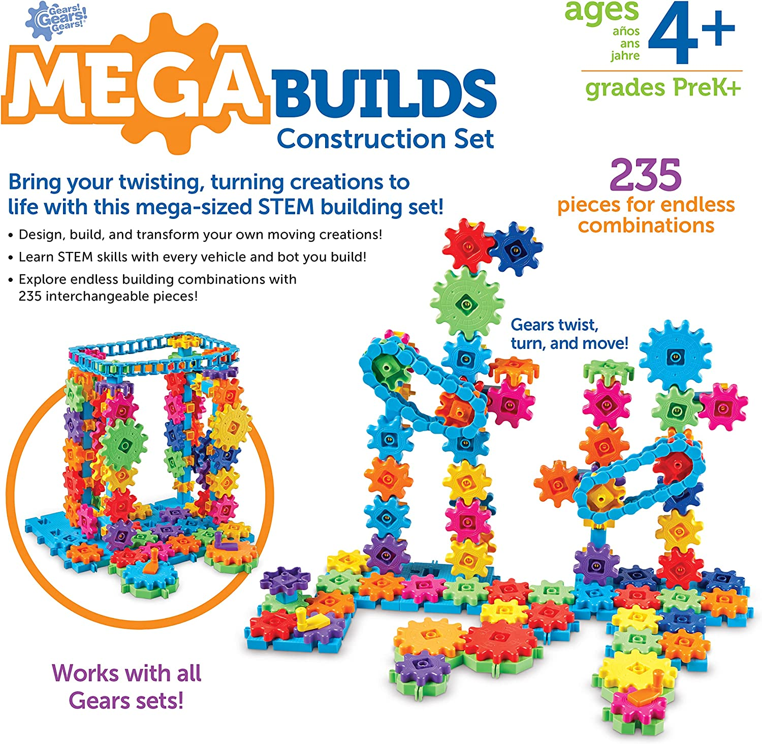 Learning Resources Gears! Gears! Gears! Mega Builds, STEM Building Set, Gears Toys for Kids, 235 Piece, Ages 4+, STEM Toys image number 2